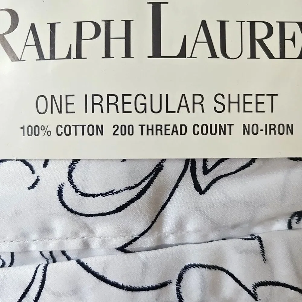 Ralph Lauren Angelina White Navy Sketch Floral 100% Cotton Queen Flat Sheet NEW